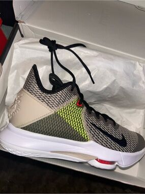 Nike Grey Black Neon Yellow LeBron Witness IV Zoom Basketball Shoe